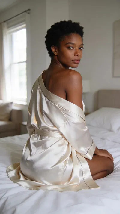 Black woman seated on bed in silk robe, classy boudoir portrait