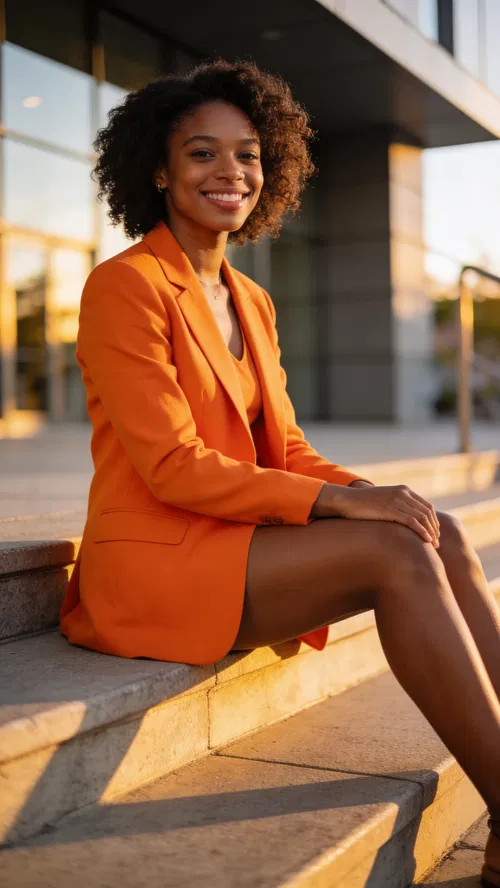 Black woman seated on modern steps in blazer, polished dating profile portrait.