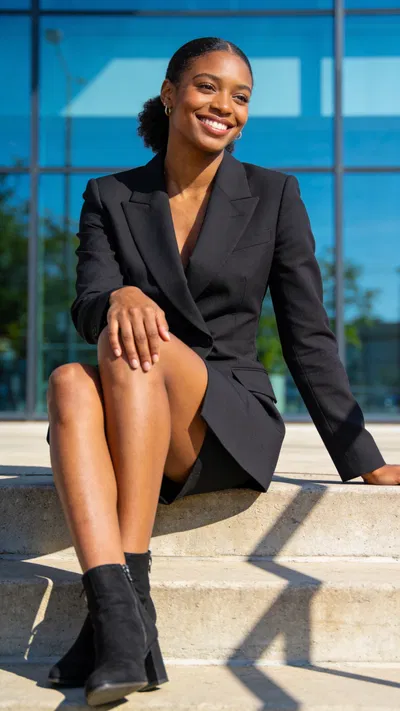 Black woman seated on steps in modern editorial blazer dress