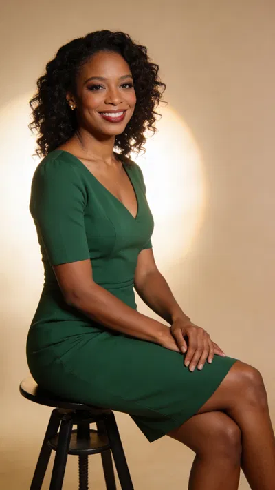 Black woman seated studio portrait with green dress and magazine-quality lighting