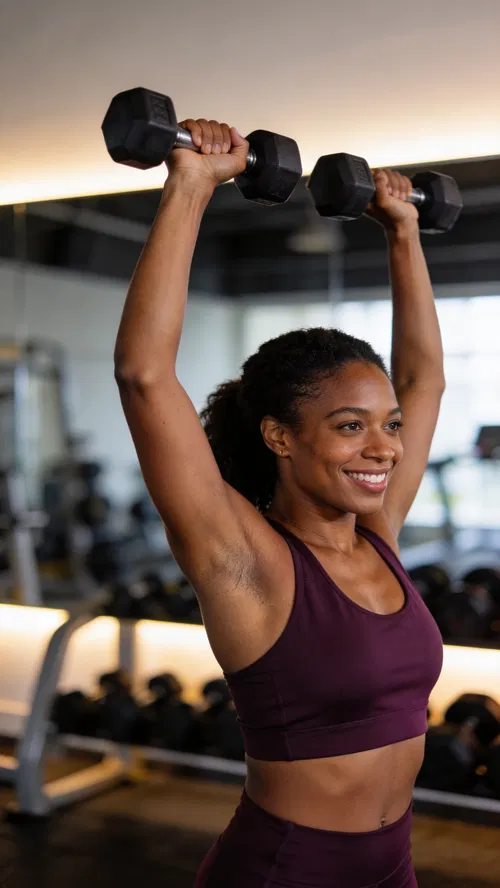 Black woman shoulder press pose for professional fitness photos online