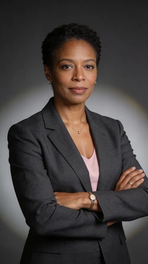 Black woman studio half-body portrait with charcoal blazer and rim lighting