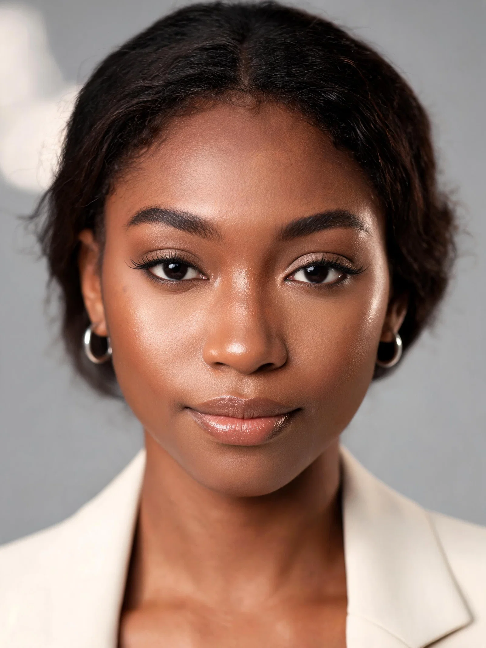 Black woman studio headshot highlighting glowing skin and confident looksmaxxing style