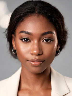 Black woman studio headshot highlighting glowing skin and confident looksmaxxing style