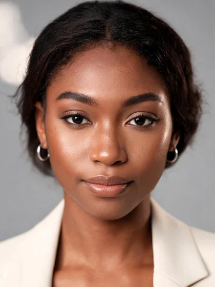 Black woman studio headshot highlighting glowing skin and confident looksmaxxing style