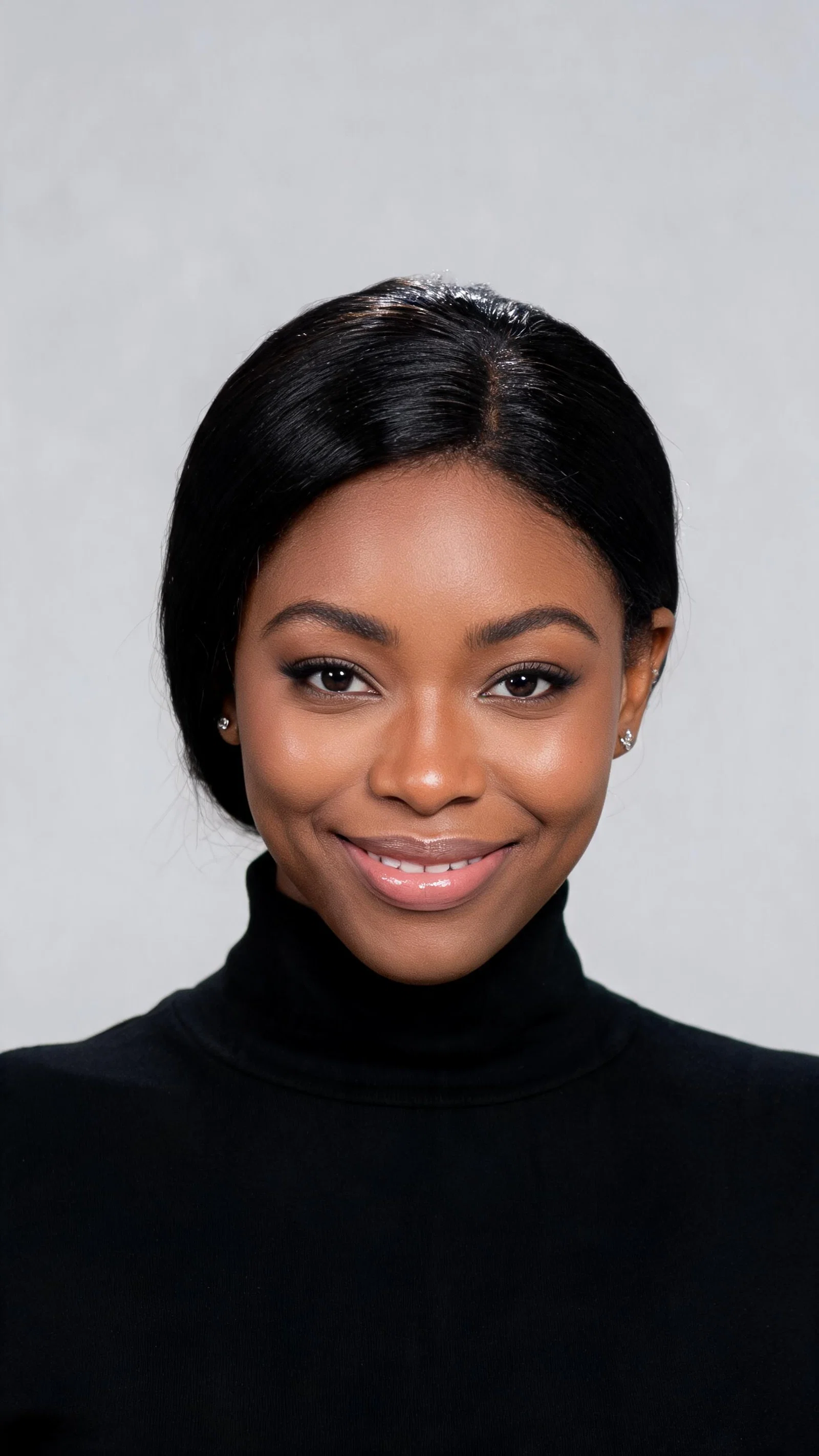 Black woman studio headshot with clean makeup and confident smile for looksmaxxing