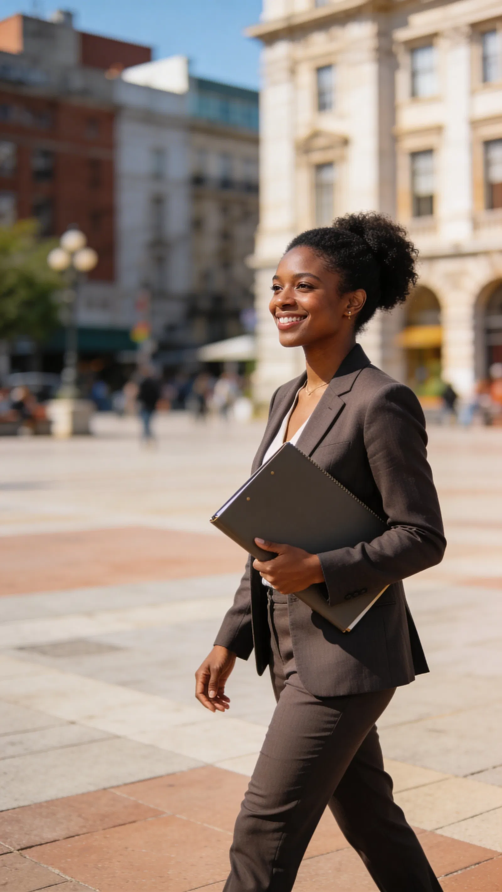Black woman walking in city plaza portrait for branding photos