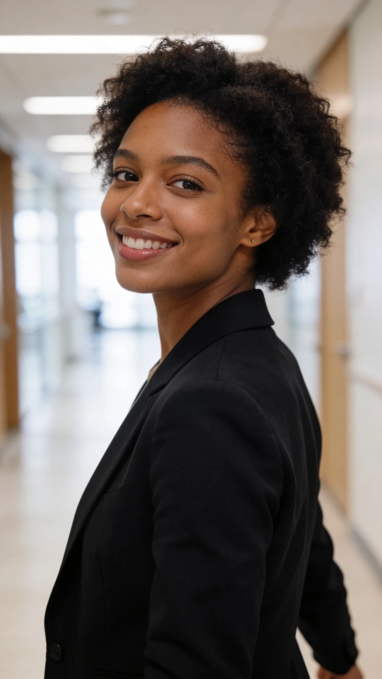 Black woman walking in office corridor, natural corporate portrait