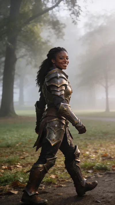 Black woman warrior armor cosplay in misty park, 3/4 portrait.