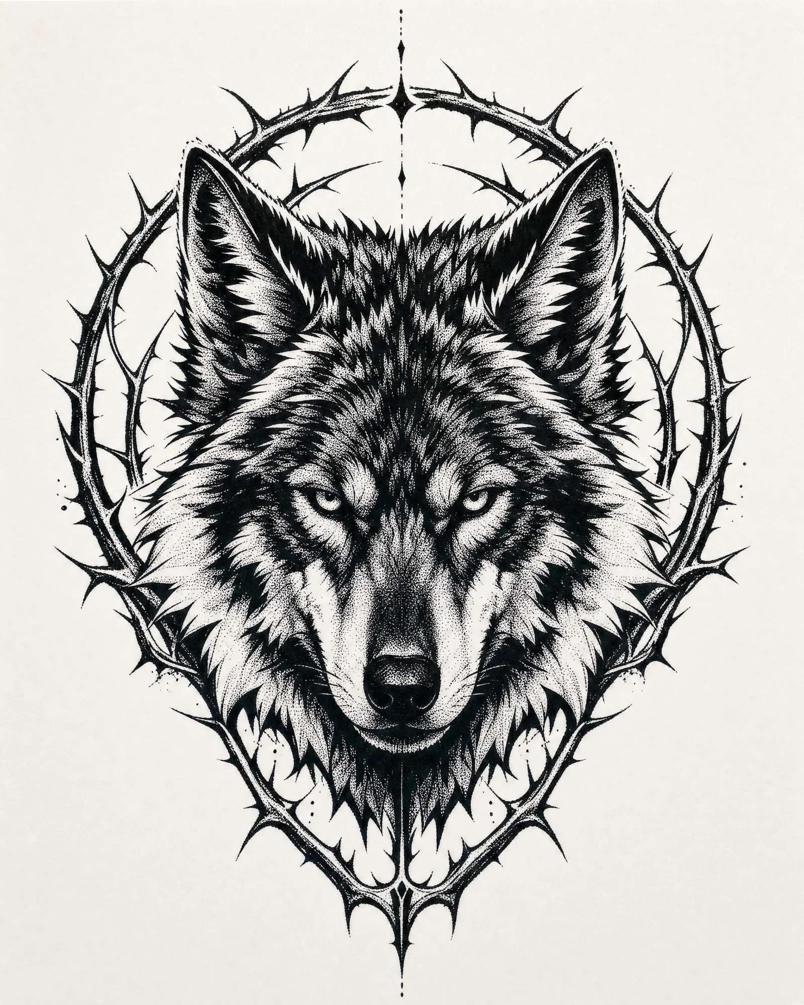 Blackwork wolf head tattoo design with heavy blacks and negative-space highlights.