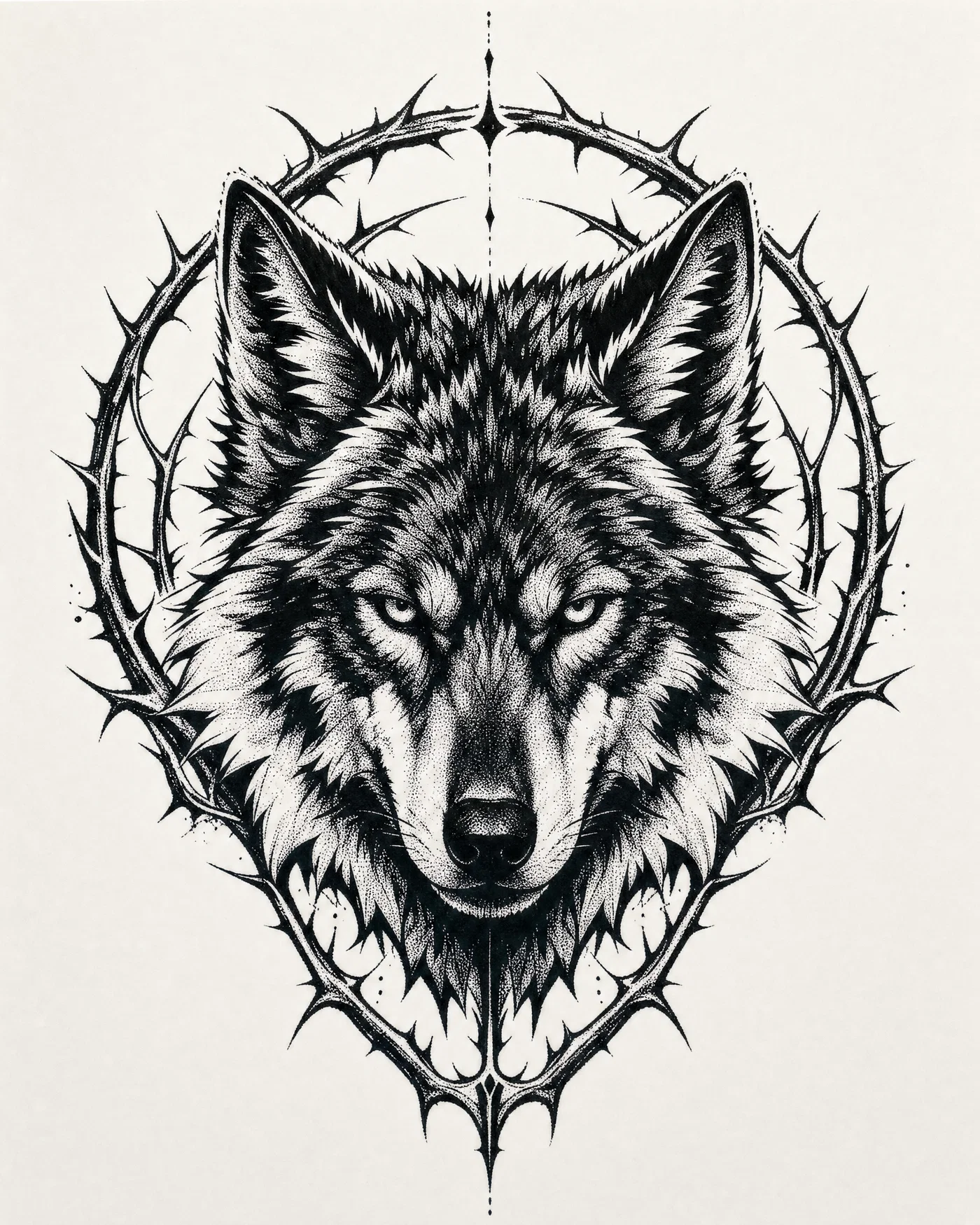 Blackwork wolf head tattoo design with heavy blacks and negative-space highlights.