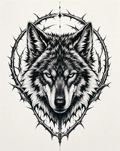 Blackwork wolf head tattoo design with heavy blacks and negative-space highlights.