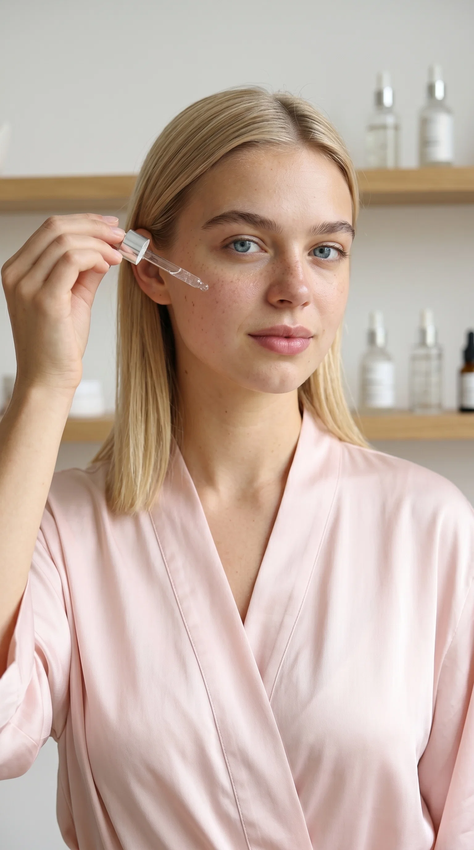 Blonde beauty influencer holding serum dropper in bright skincare shelf setting