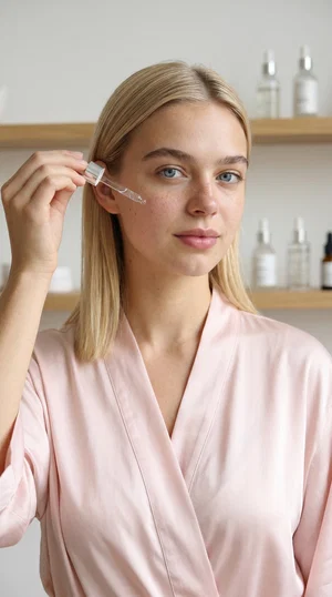 Blonde beauty influencer holding serum dropper in bright skincare shelf setting
