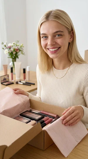 Blonde influencer unboxing makeup PR package at clean table in daylight