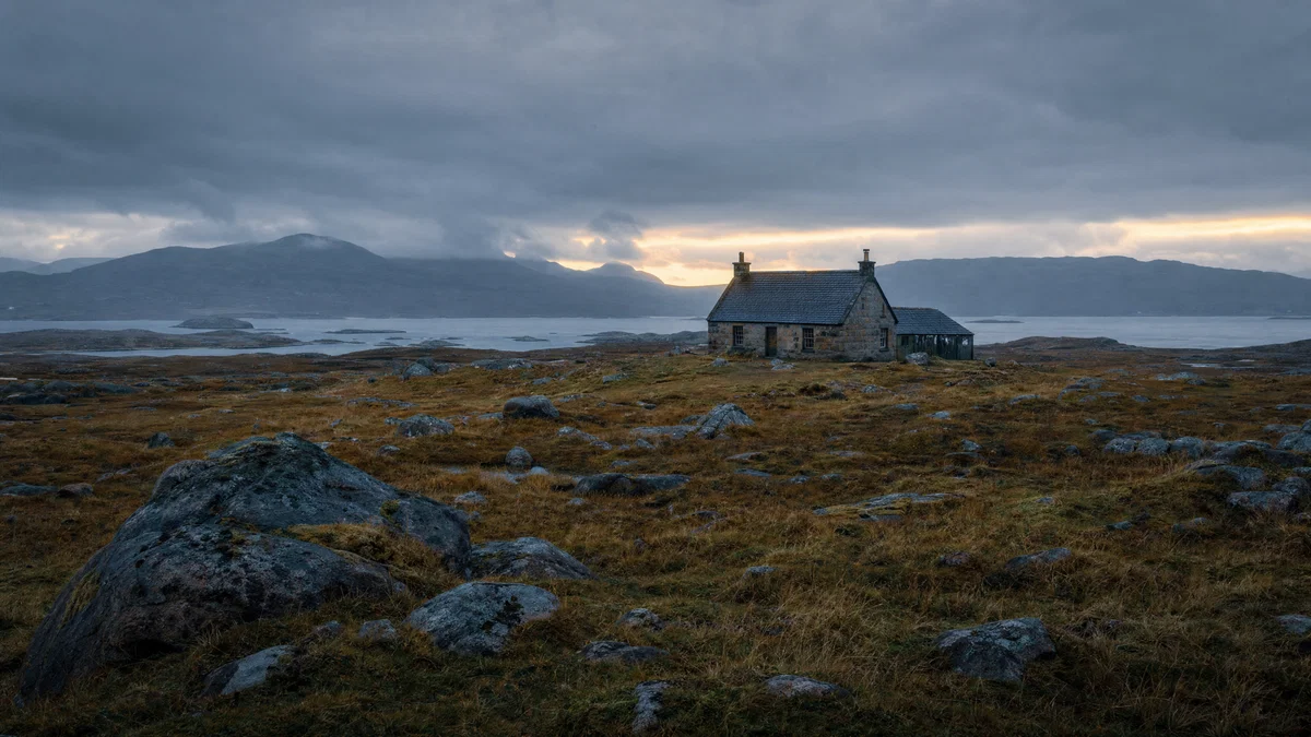 Blue-hour moorland landscape with stone cottage and soft, realistic cloud light.