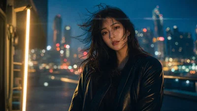 Blue-hour rooftop portrait with city bokeh, LED side key, and subtle anamorphic flare.