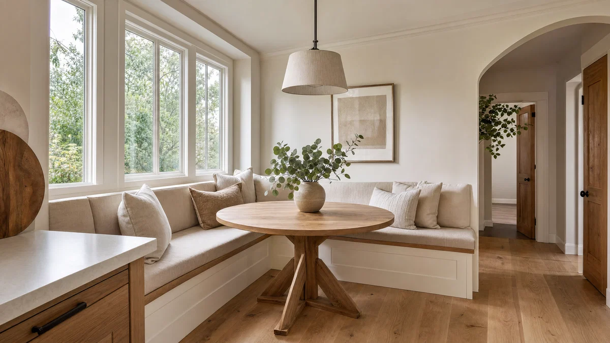 Bright breakfast nook shot wide with soft window daylight and clean neutral HDR grade.