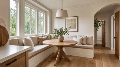 Bright breakfast nook shot wide with soft window daylight and clean neutral HDR grade.