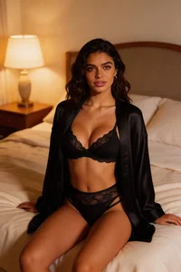 Brunette olive-skinned woman in robe on bed, portrait boudoir shot