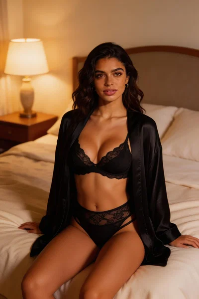 Brunette olive-skinned woman in robe on bed, portrait boudoir shot