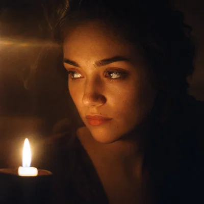 Candlelit close-up portrait with warm amber glow, deep shadows, and subtle smoke haze.
