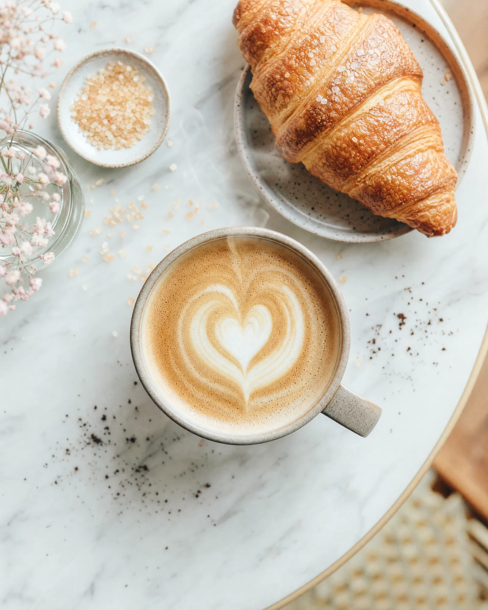 Cappuccino with heart latte art on marble beside a croissant, bright soft side light.