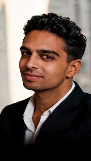 Caramel-skinned man headshot on high-rise balcony with Dubai skyline at golden hour