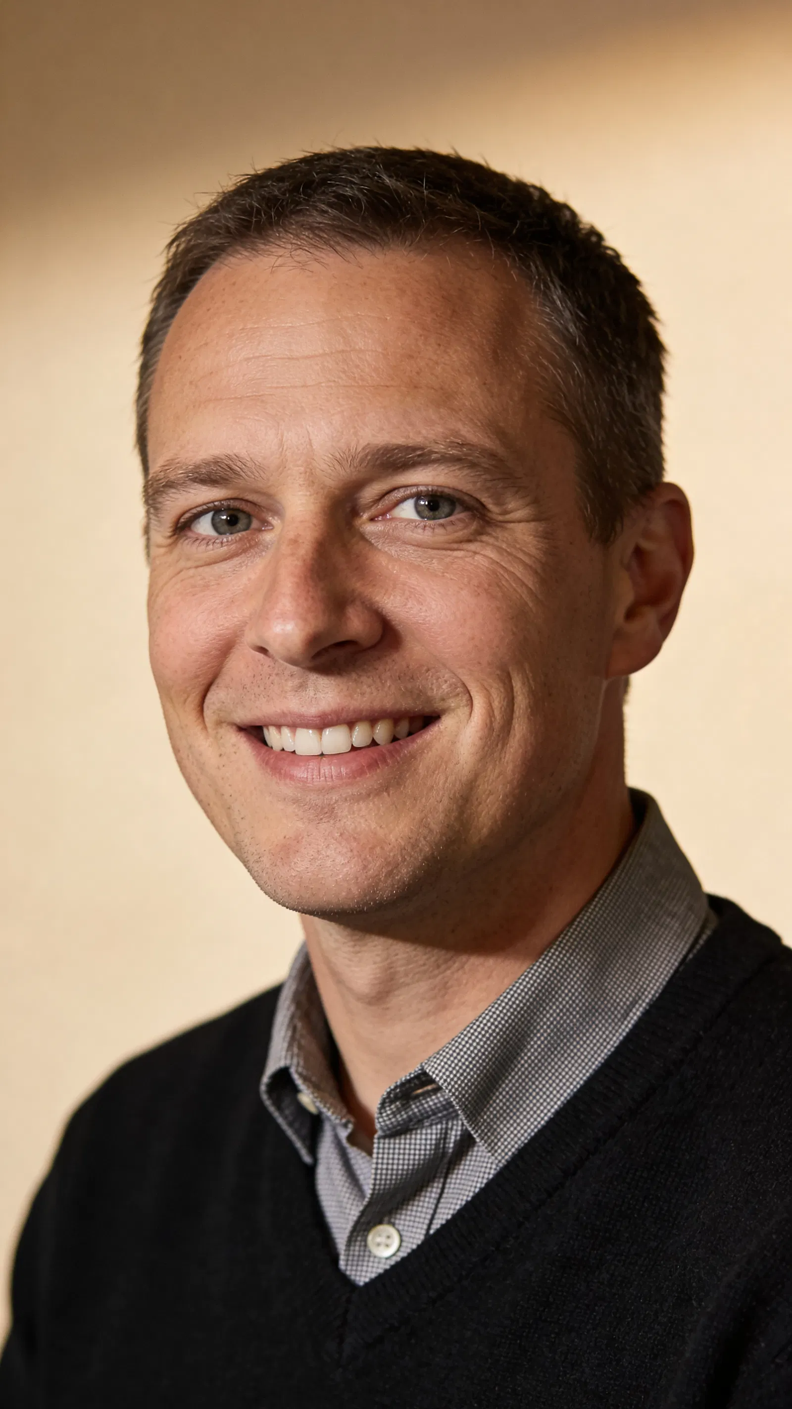 Caucasian man in sweater with studio lighting for approachable headshot