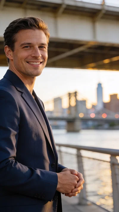 Caucasian man on city bridge in suit for golden-hour LinkedIn headshot