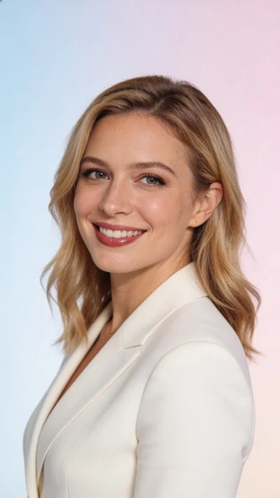 Caucasian woman in bright studio headshot with friendly professional smile