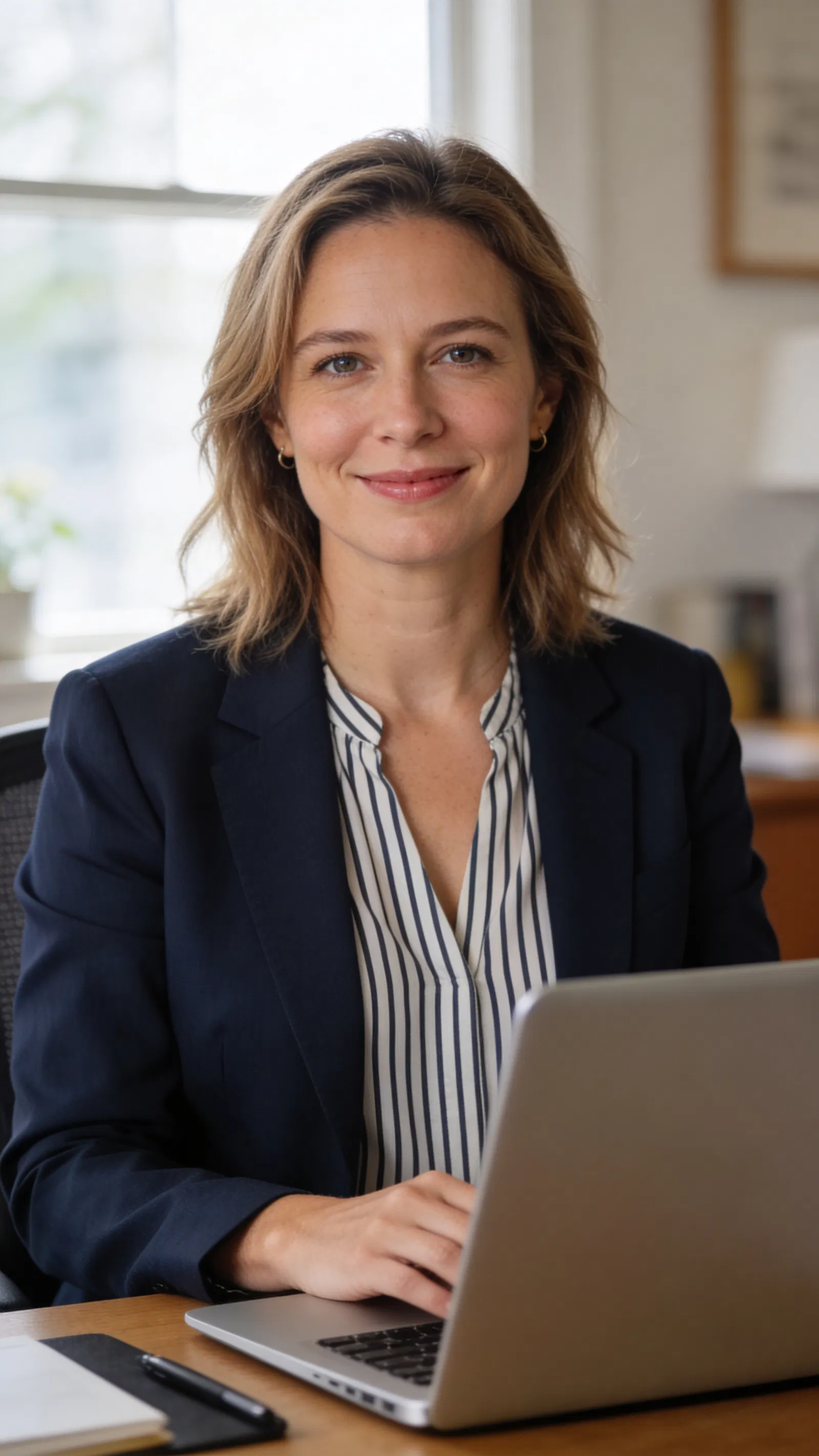 Caucasian woman seated at desk for from-home professional LinkedIn headshot