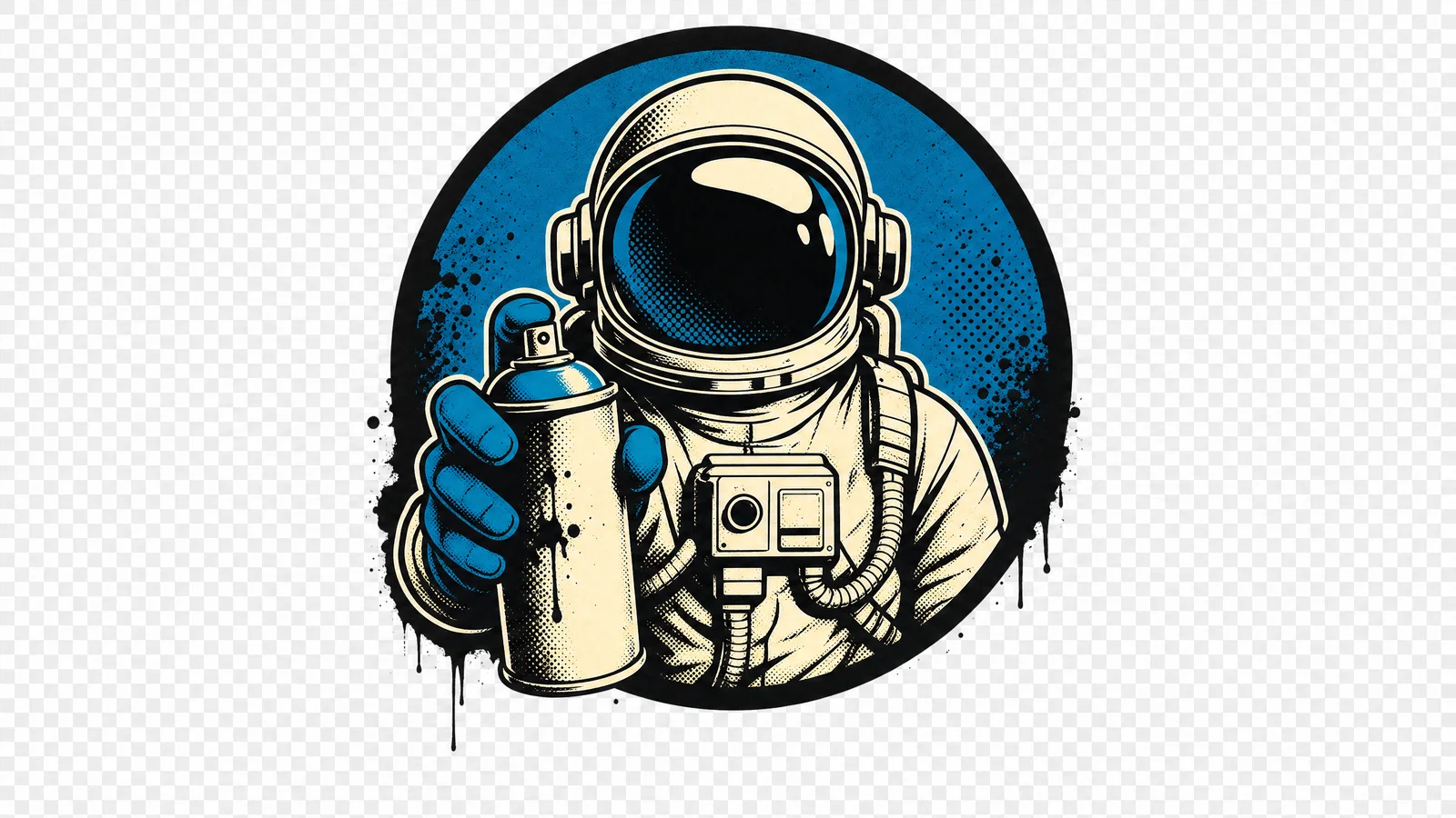 Centered astronaut street-art emblem on transparent background, screenprint texture and bold outlines.