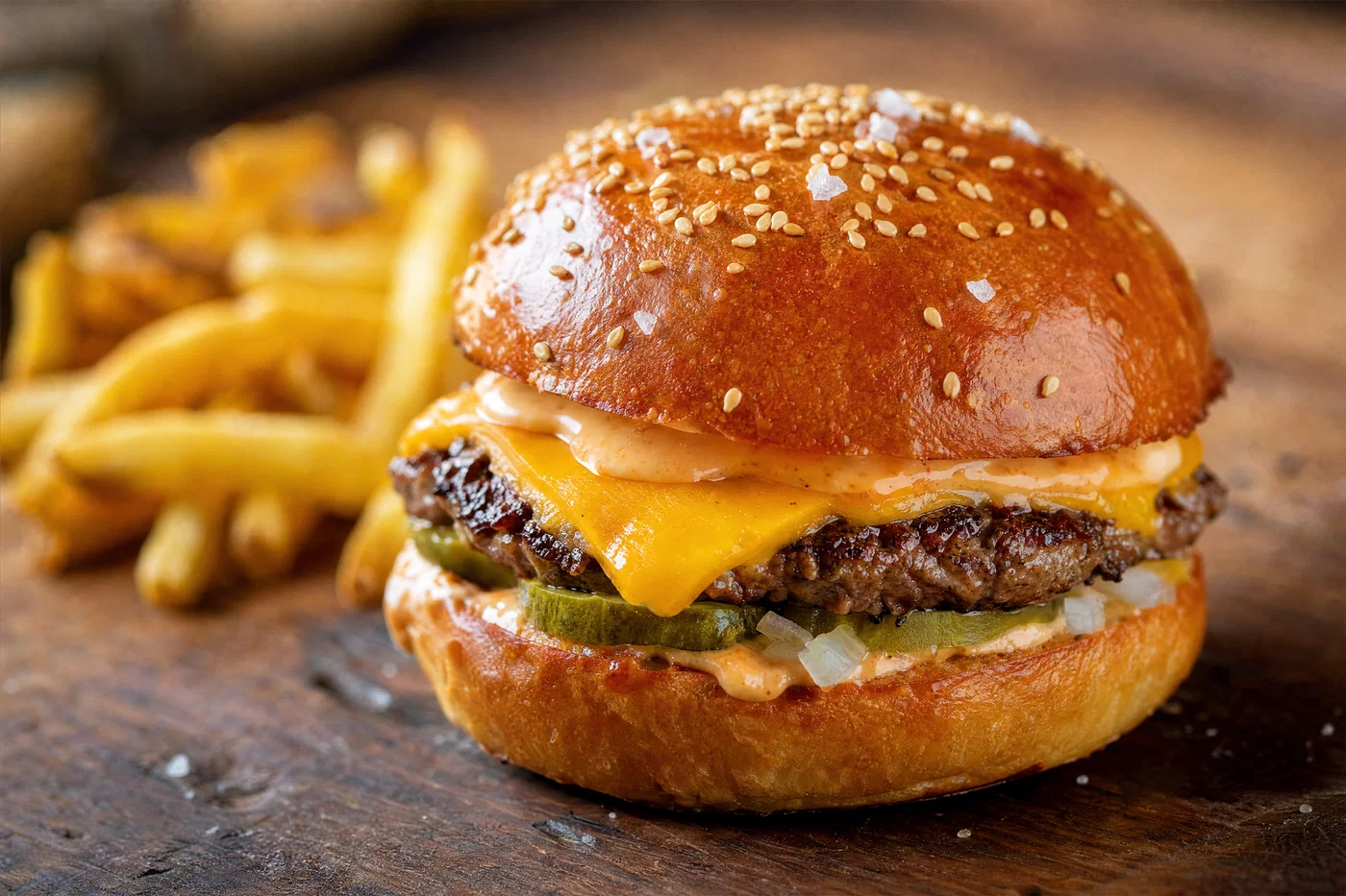 Cheeseburger hero shot on walnut with soft side light and visible sesame texture.