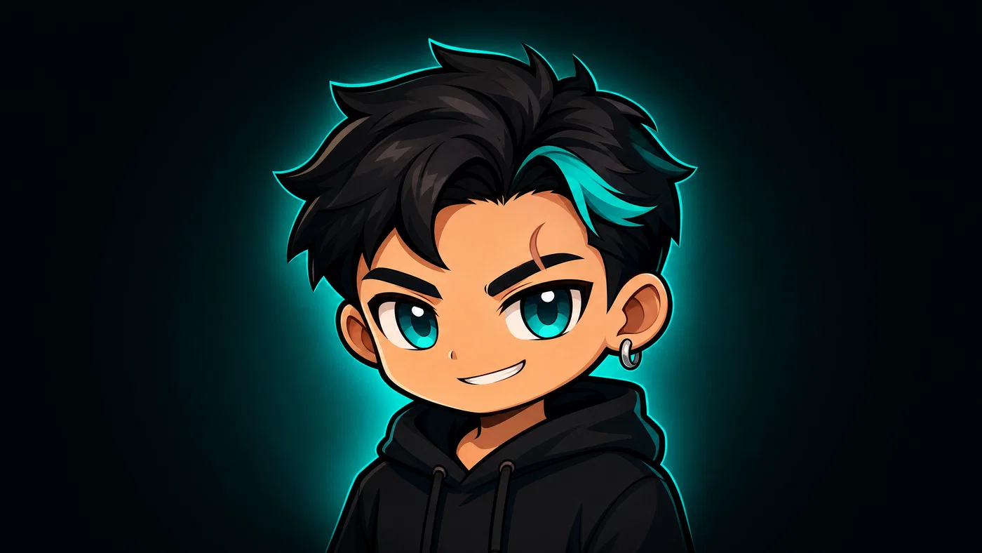 Chibi gaming avatar centered for a circular crop with teal halo on dark background.