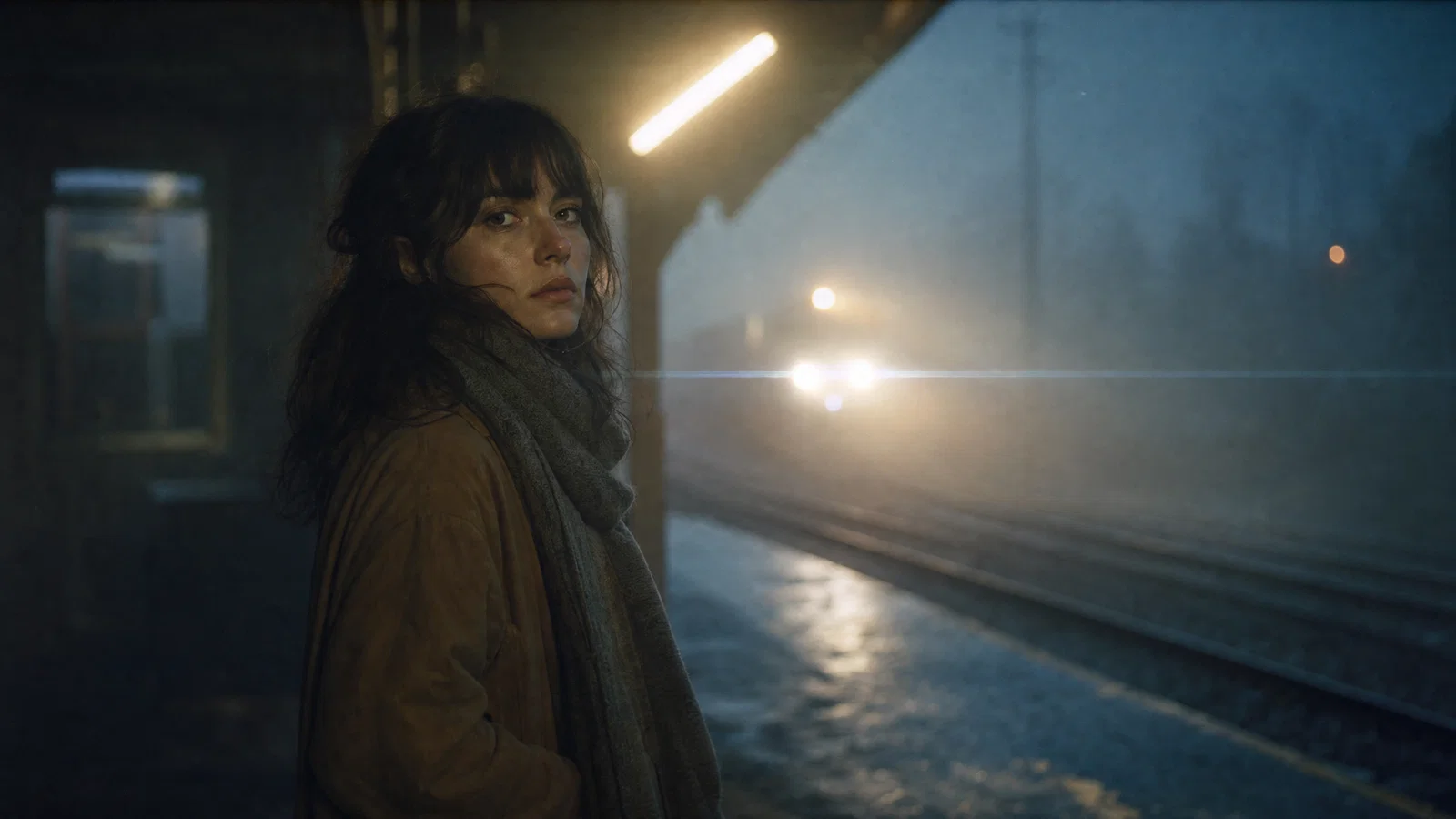 Cinematic blue-hour platform portrait with mist, practical lights, and anamorphic flare.