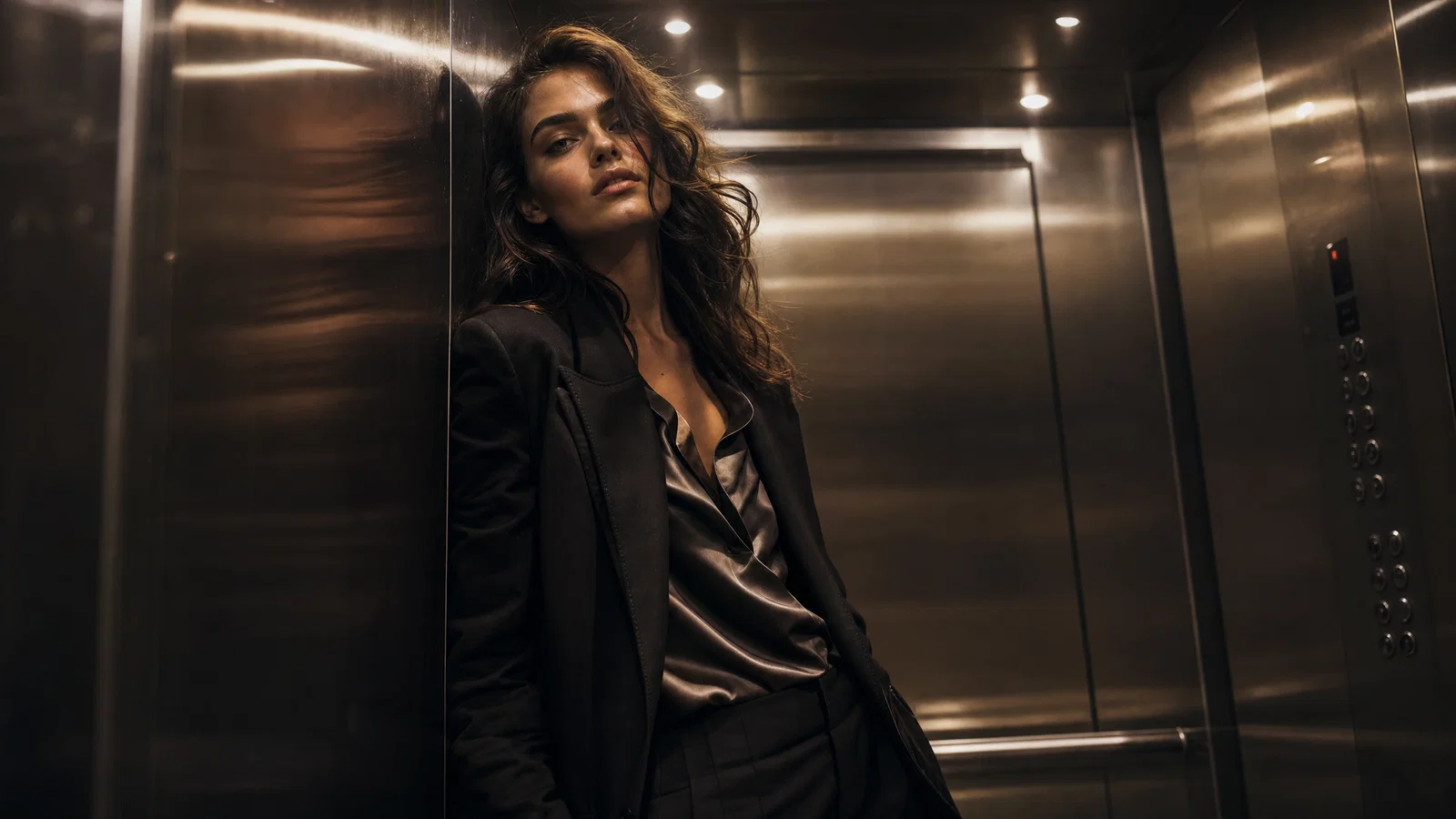 Cinematic fashion campaign portrait in elevator with mixed practical light and tungsten grade.
