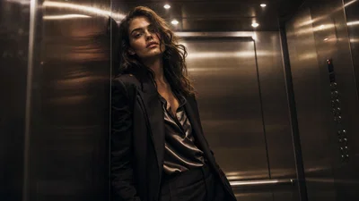 Cinematic fashion campaign portrait in elevator with mixed practical light and tungsten grade.