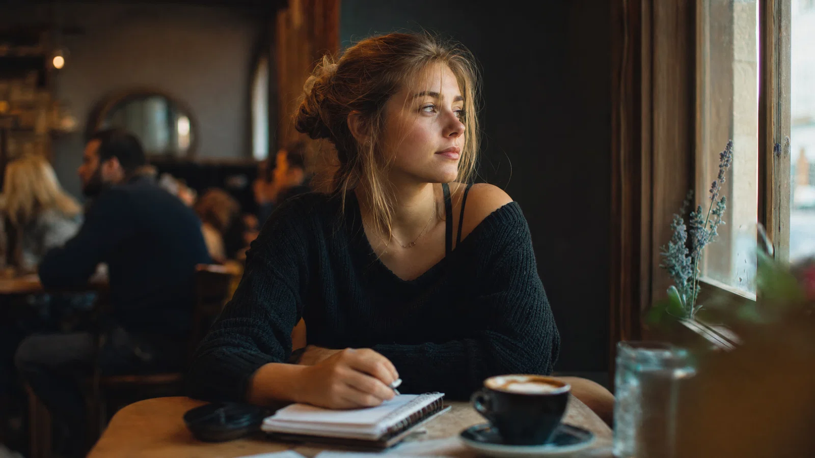 Cinematic wide café portrait of a young adult woman by a window with warm highlights and soft grain.