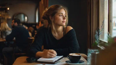 Cinematic wide café portrait of a young adult woman by a window with warm highlights and soft grain.