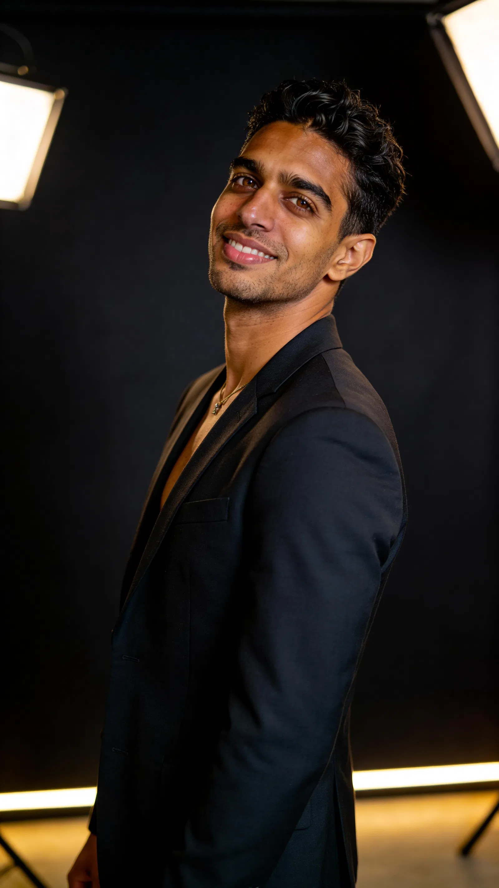 Classic studio blazer portrait with rim light and timeless glamour polish