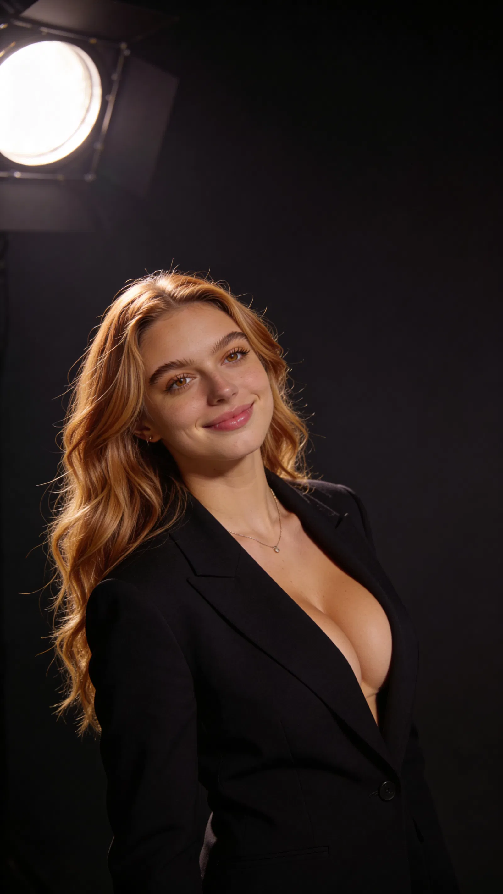 Classic studio blazer portrait with rim light and timeless glamour polish