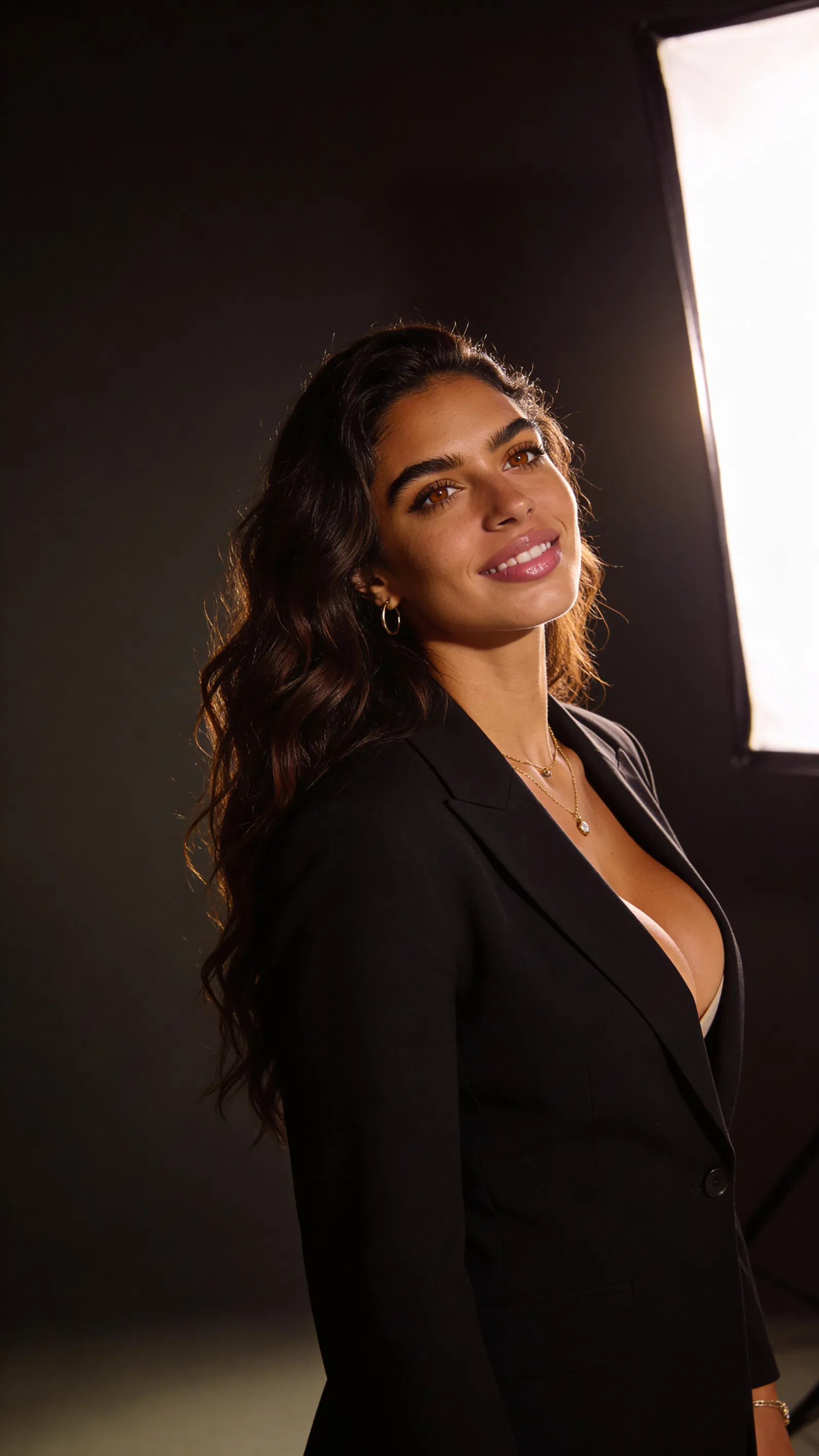 Classic studio blazer portrait with rim light and timeless glamour polish