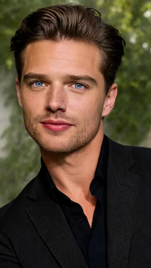 Close portrait of same man in neutral sweater, calm confident authentic looksmaxxing result
