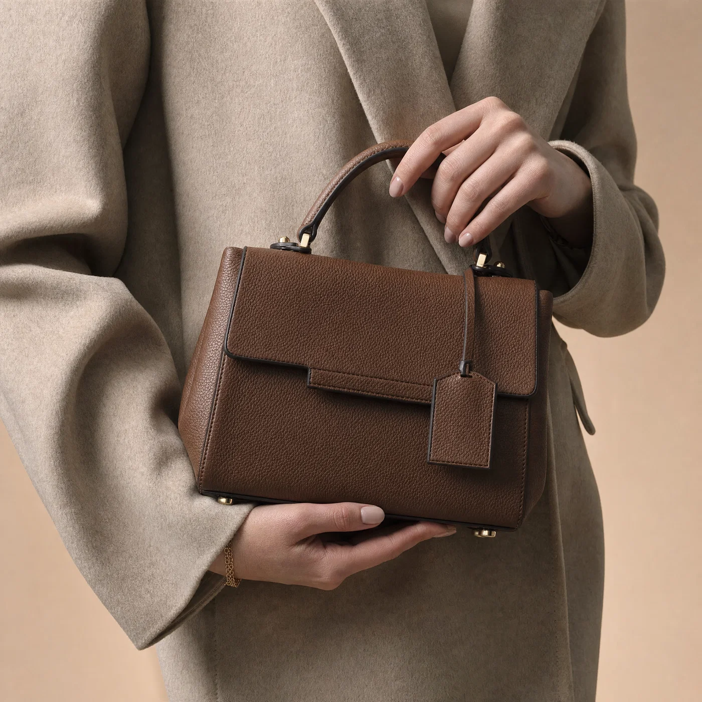 Close-up hands holding structured handbag with crisp leather grain under controlled studio light.
