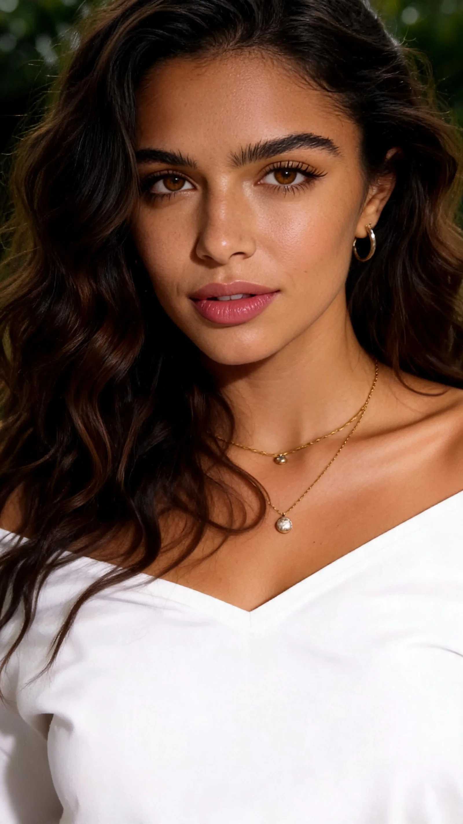 Close-up outdoor portrait with clear skin and natural makeup, consistent looksmaxxing result