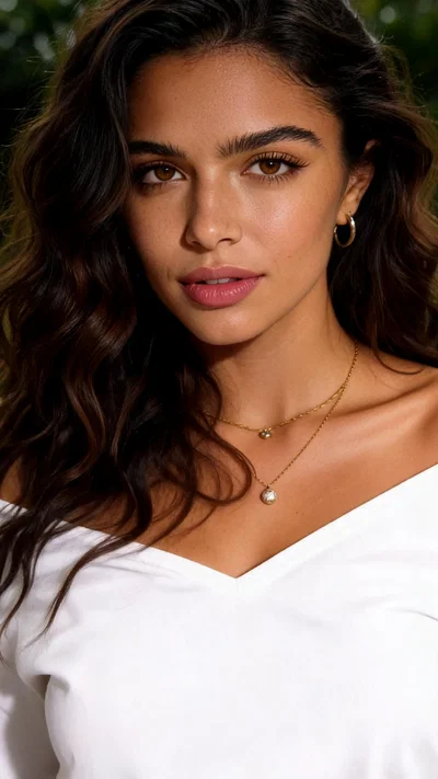 Close-up outdoor portrait with clear skin and natural makeup, consistent looksmaxxing result