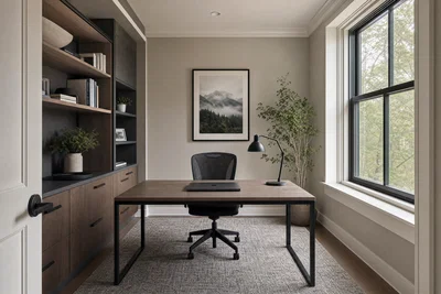 Compact home office shot wide with window daylight, tidy desk, and balanced HDR window detail.