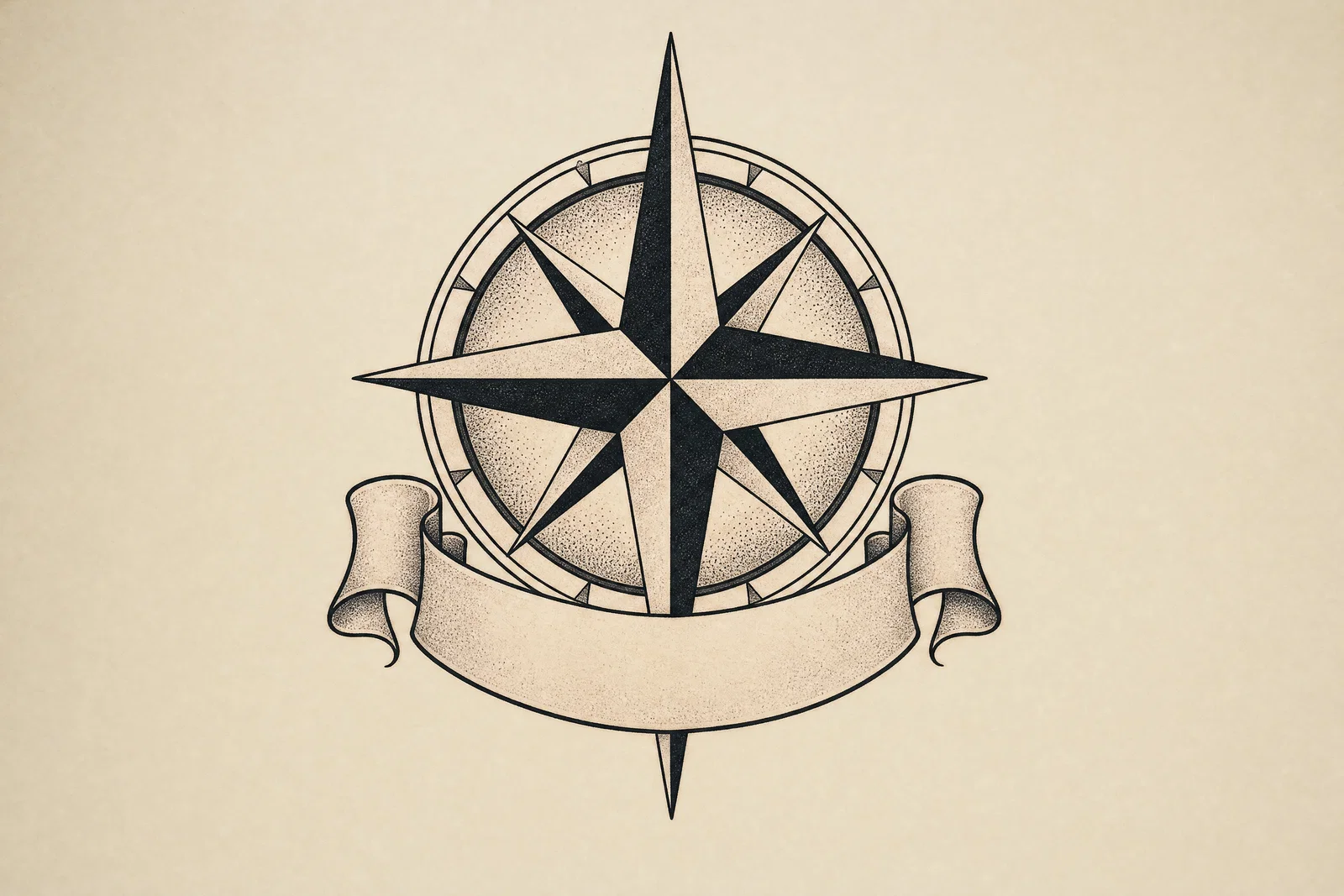 Compass rose tattoo flash with blank ribbon banner reserved for lettering, no text.