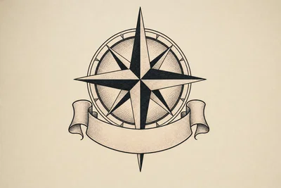 Compass rose tattoo flash with blank ribbon banner reserved for lettering, no text.